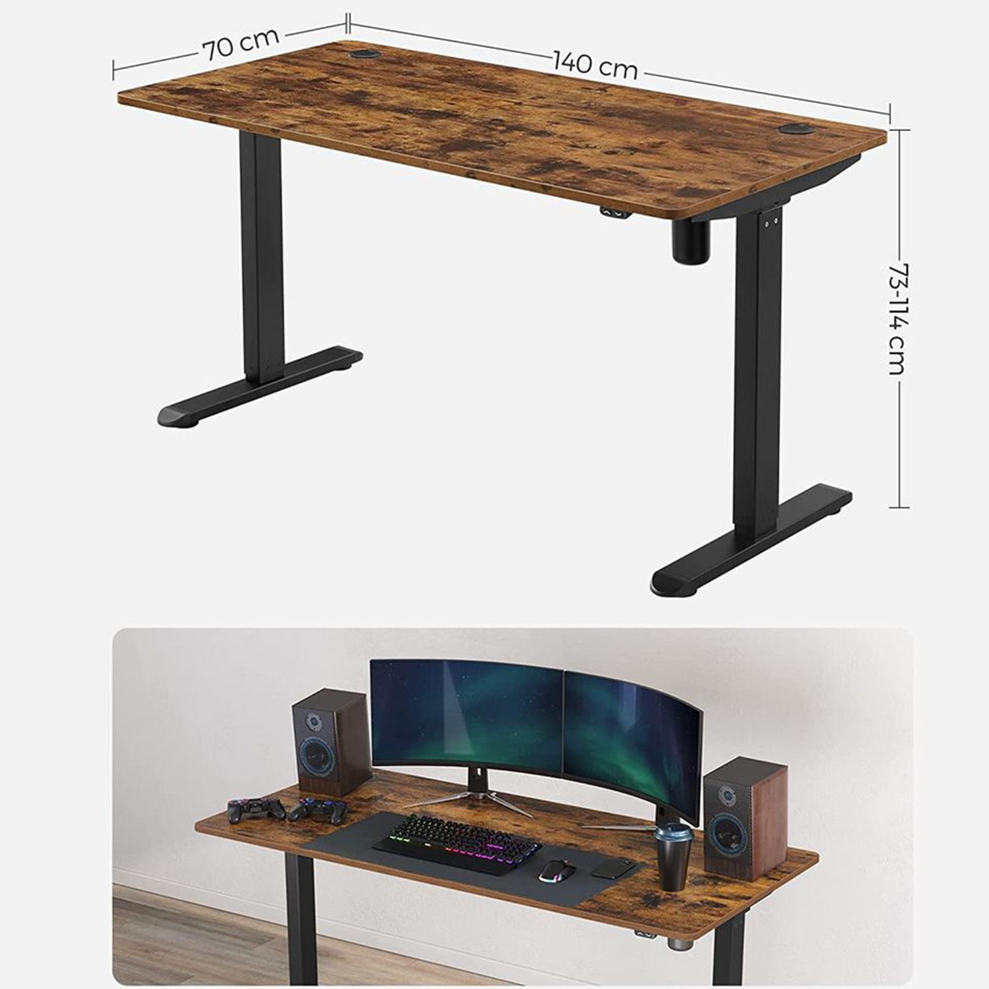 Mesa de Ordenador MONFORTE, Altura Regulable, 140x70x73-114 cm, en color Negro