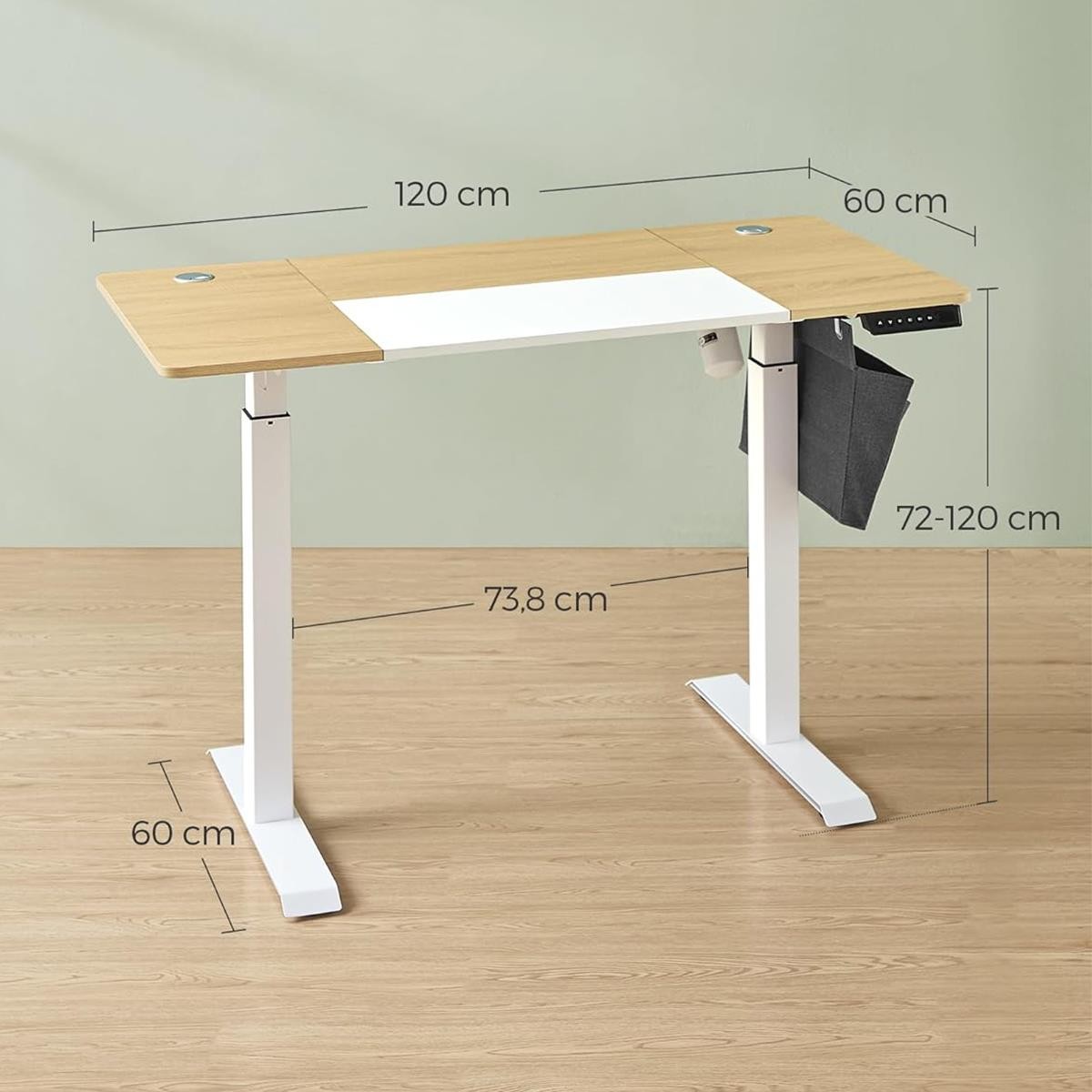 Mesa de Ordenador Elevable ALPES, 120x60x72-120 cm, en color Marrón Rústico y Negro