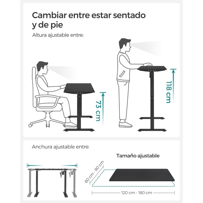 Escritorio ANETO, Altura Regulable Eléctrica, 120x60x73,5-119 cm, Negro