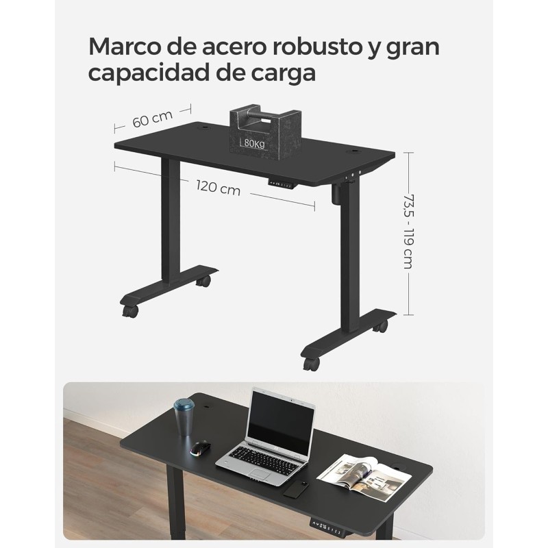 Escritorio ANETO, Altura Regulable Eléctrica, 120x60x73,5-119 cm, Negro