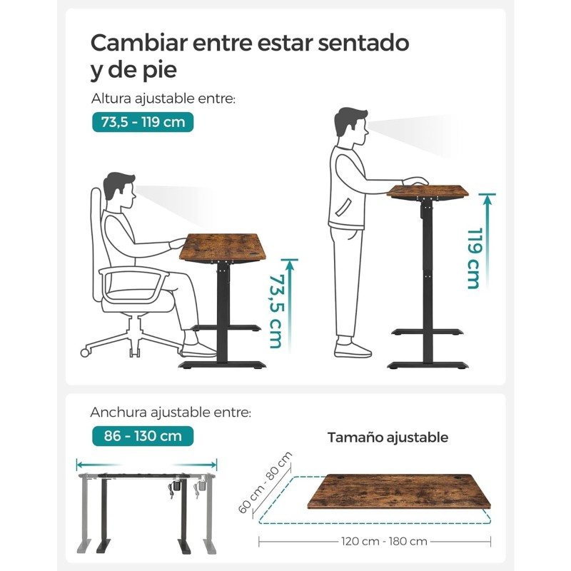 Escritorio ANETO, Altura Regulable Eléctrica, 140x60x73,5-119 cm, Negro