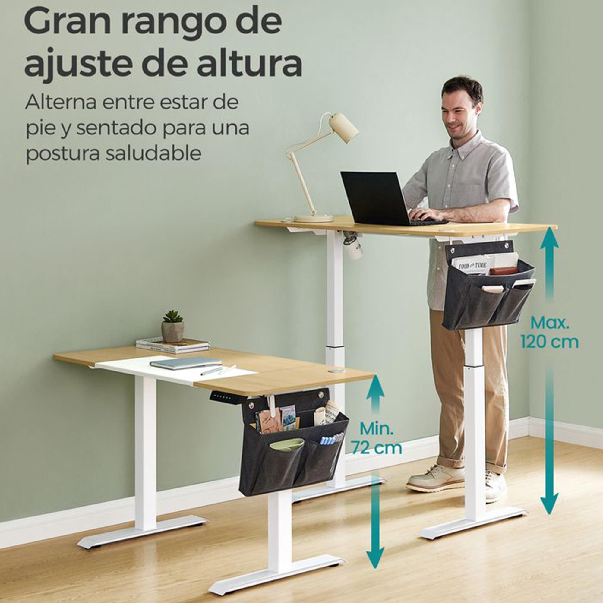 Mesa de Ordenador Elevable ALPES, 140x60x72-120 cm, en color Marrón Rústico y Negro