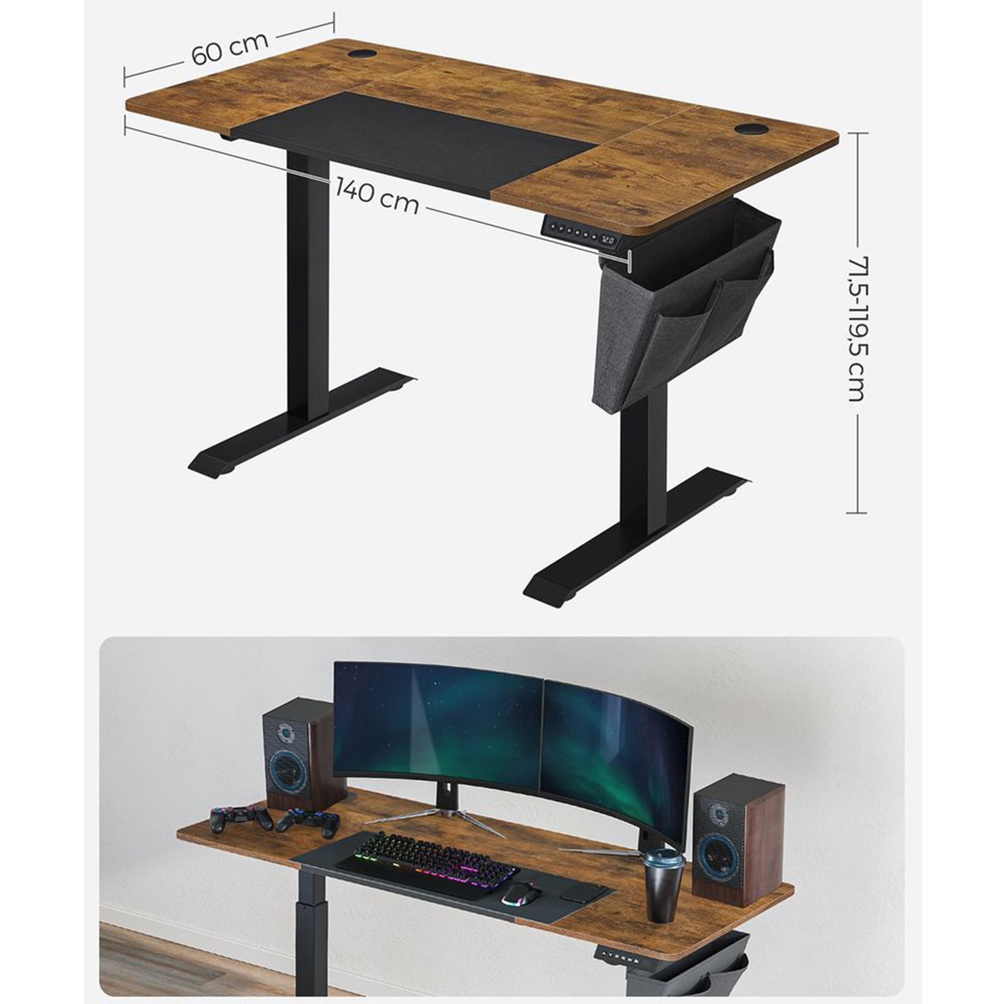 Mesa de Ordenador Elevable ALPES, 140x60x72-120 cm, en color Marrón Rústico y Negro