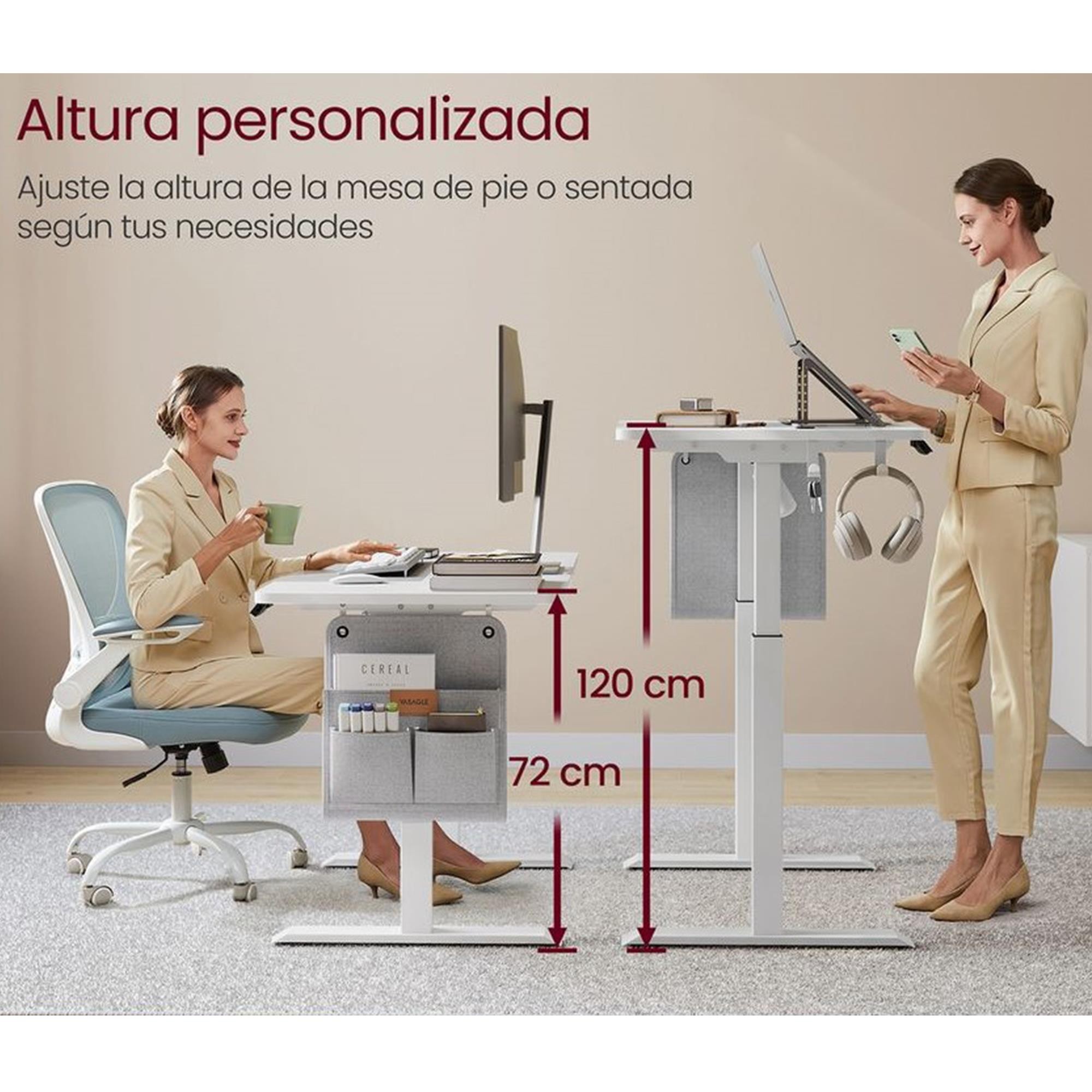 Mesa de Ordenador SOLOMON, Altura Regulable Eléctrica, 120x60x72-120 cm, color Blanco