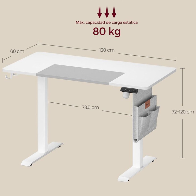 Mesa Elevable SOLOMON, 120x60x72-120 cm, Blanco