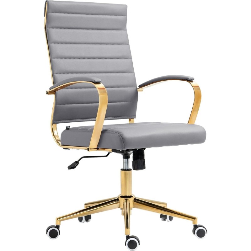 Silla de Oficina KENNETH, Estructura Metálica Dorada, en Piel Negro