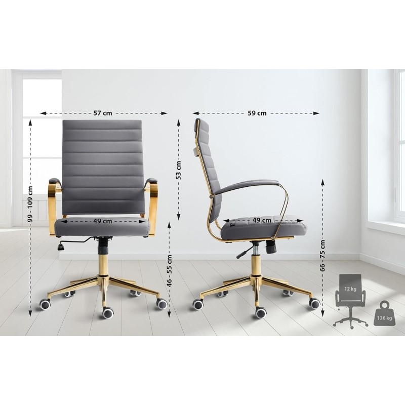 Silla de Oficina KENNETH, Estructura Metálica Dorada, en Piel Negro