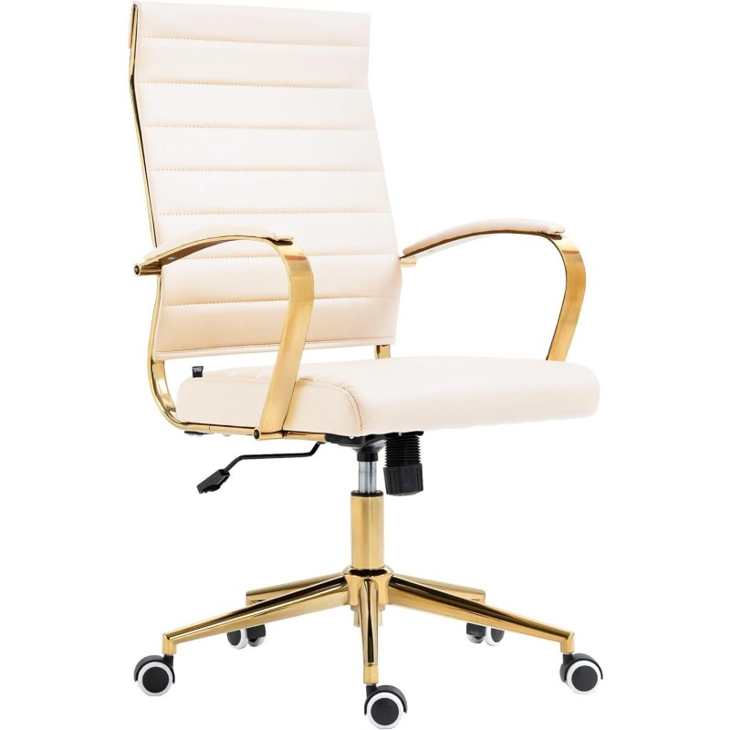 Silla de Oficina KENNETH, Estructura Metálica Dorada, en Piel Negro