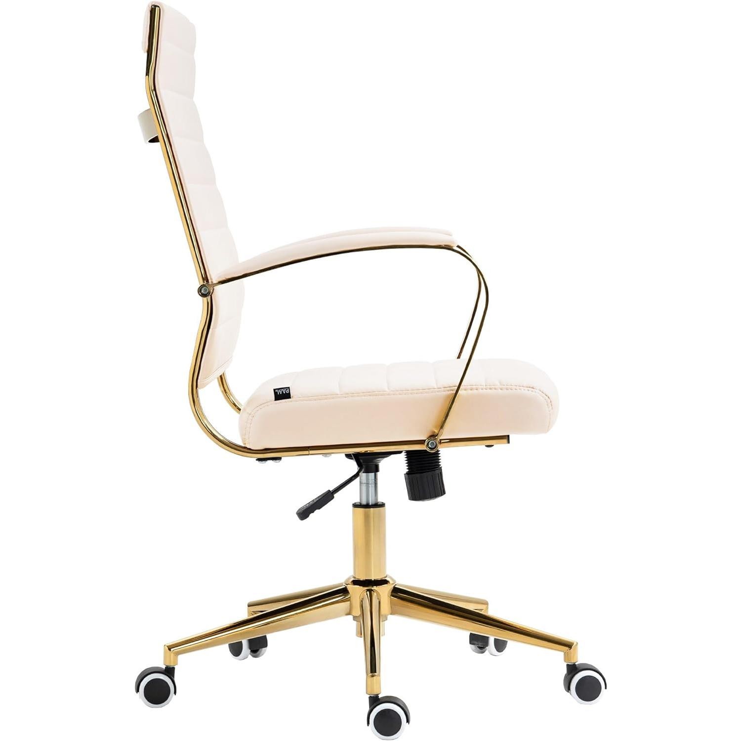 Silla de Oficina KENNETH, Diseño Elegante, Estructura Metálica Dorada, en Piel color Negro