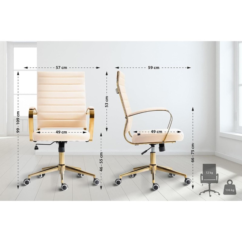Silla de Oficina KENNETH, Estructura Metálica Dorada, en Piel Negro