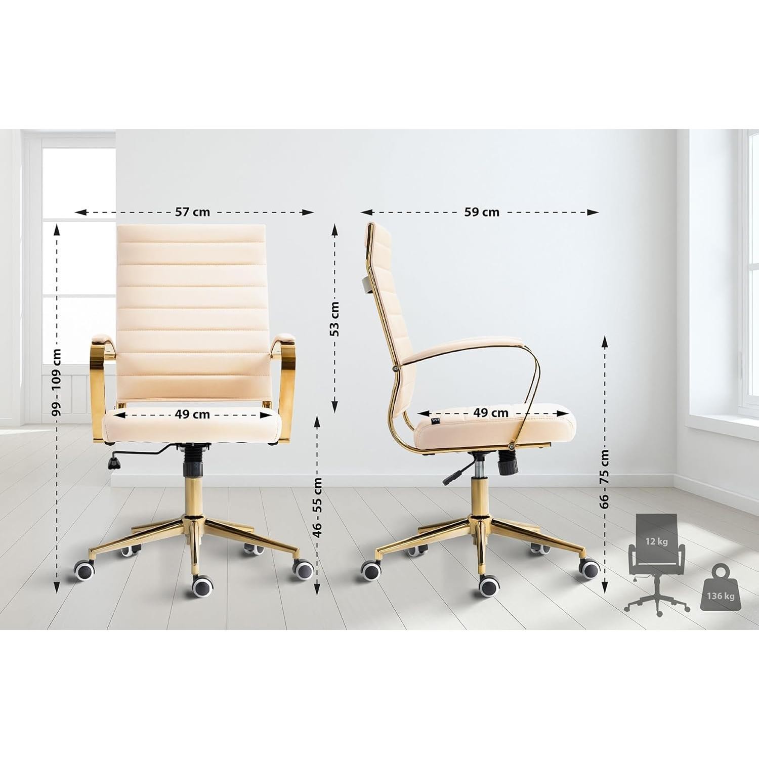 Silla de Oficina KENNETH, Diseño Elegante, Estructura Metálica Dorada, en Piel color Negro