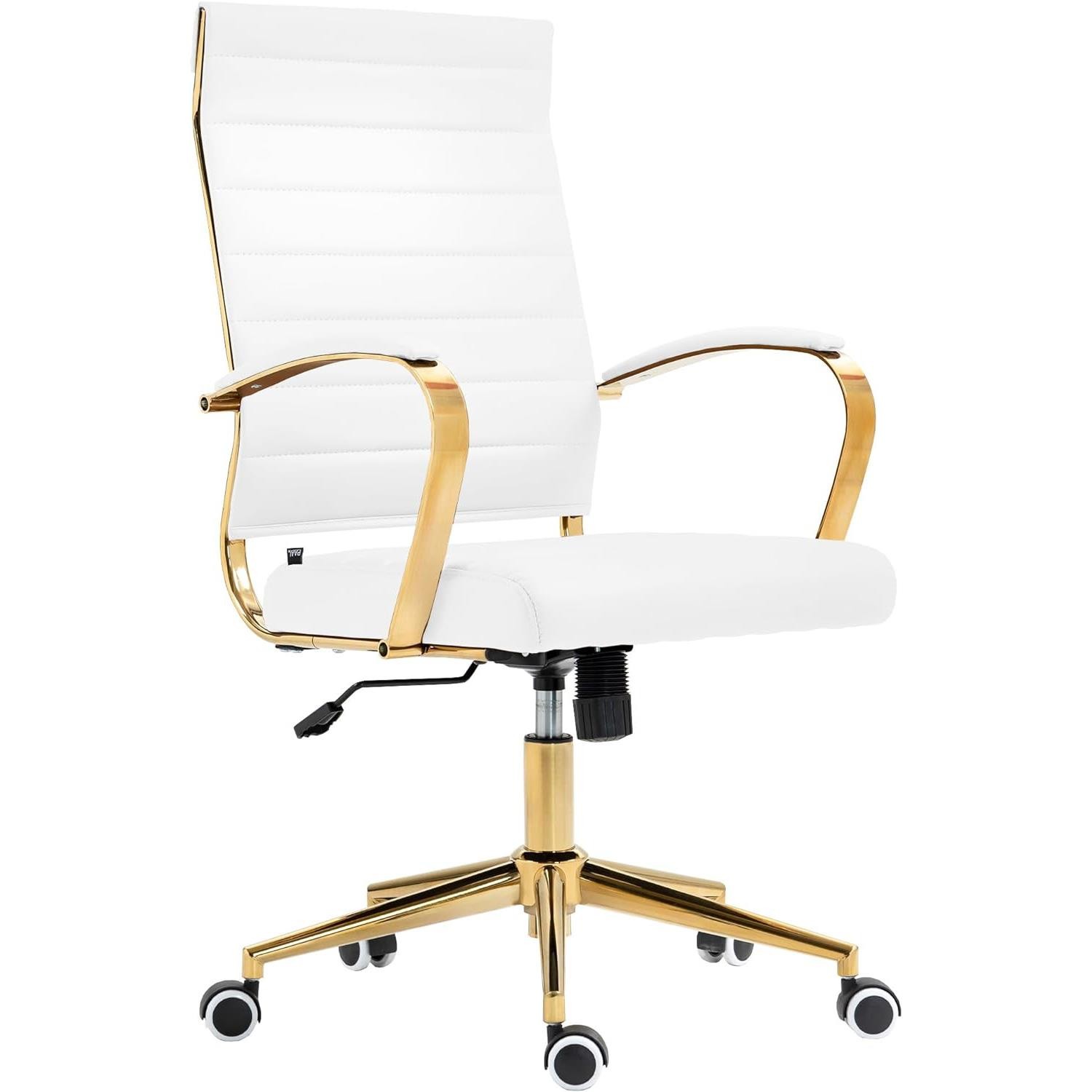 Silla de Oficina KENNETH, Diseño Elegante, Estructura Metálica Dorada, en Piel color Negro