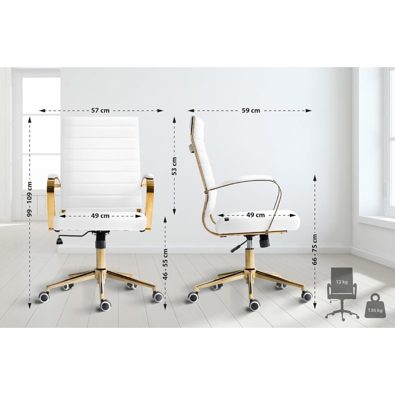 Silla de Oficina KENNETH, Estructura Metálica Dorada, en Piel Negro