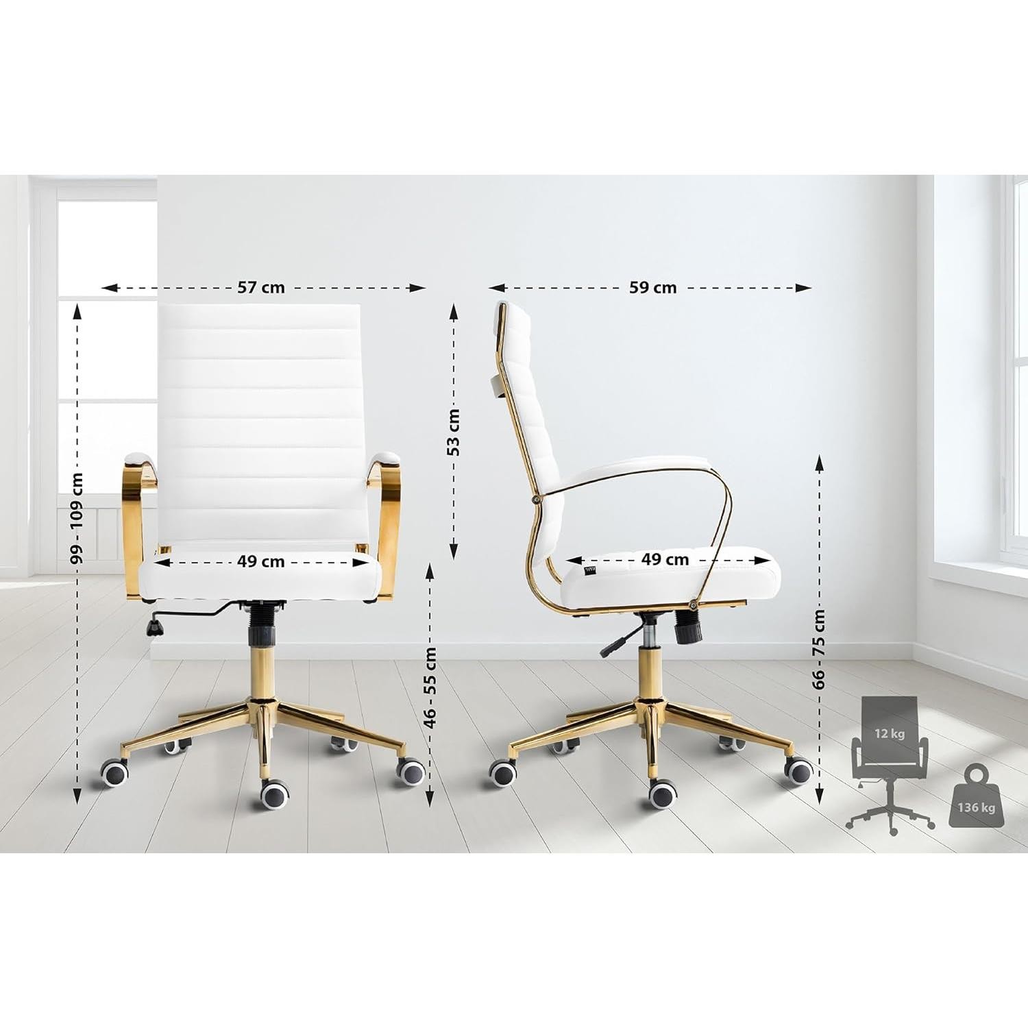 Silla de Oficina KENNETH, Diseño Elegante, Estructura Metálica Dorada, en Piel color Negro