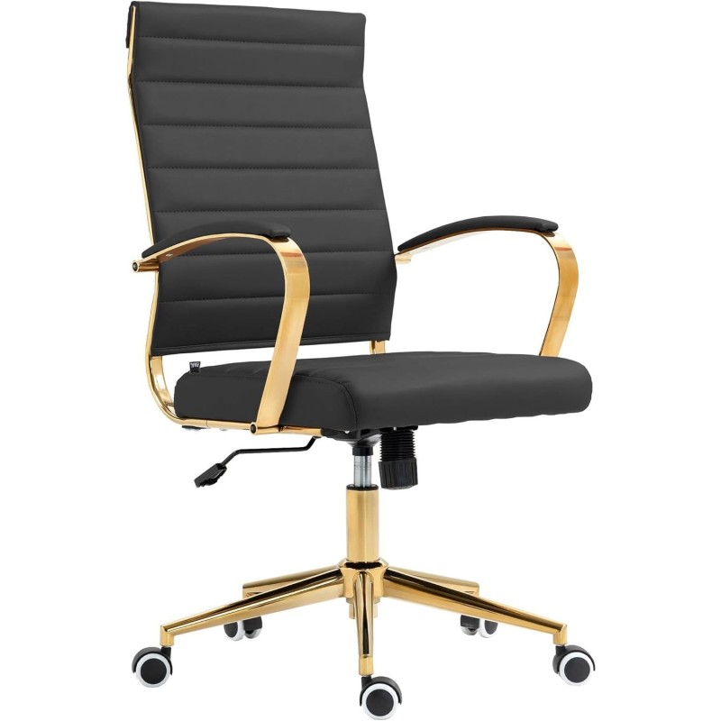 Silla de Oficina KENNETH, Estructura Metálica Dorada, en Piel Negro