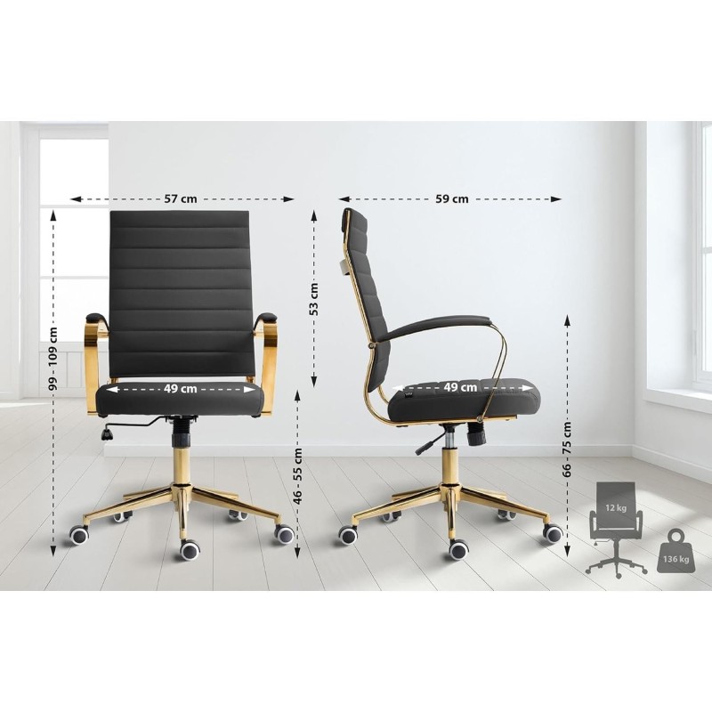 Silla de Oficina KENNETH, Estructura Metálica Dorada, en Piel Negro