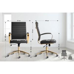 Silla de Oficina KENNETH, Estructura Metálica Dorada, en Piel Negro