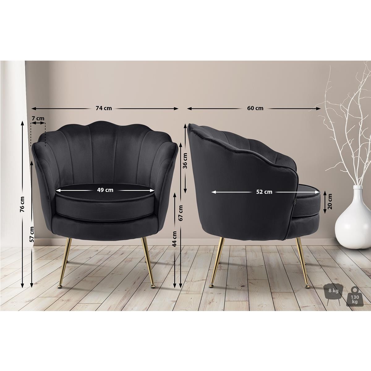 Sillón KIEL, Grueso Acolchado, Patas Metálicas Doradas, en Terciopelo color Negro