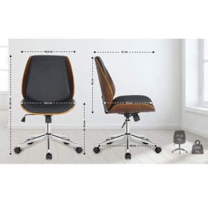 Silla de Oficina LEAN, Base Negra, en Madera Nogal y Piel color Negro