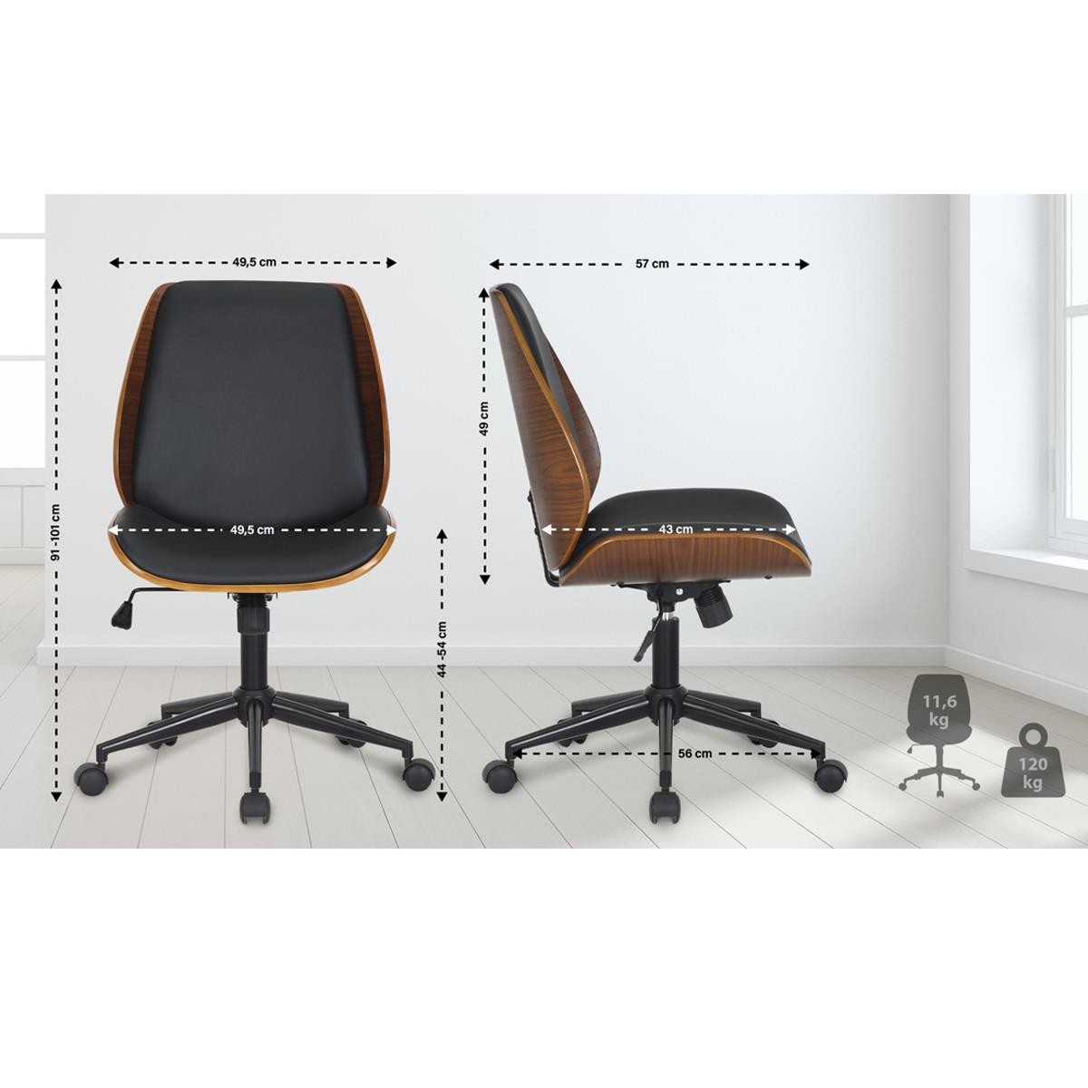 Silla de Oficina LEAN, Marco de Madera, Base Negra, en Piel color Negro