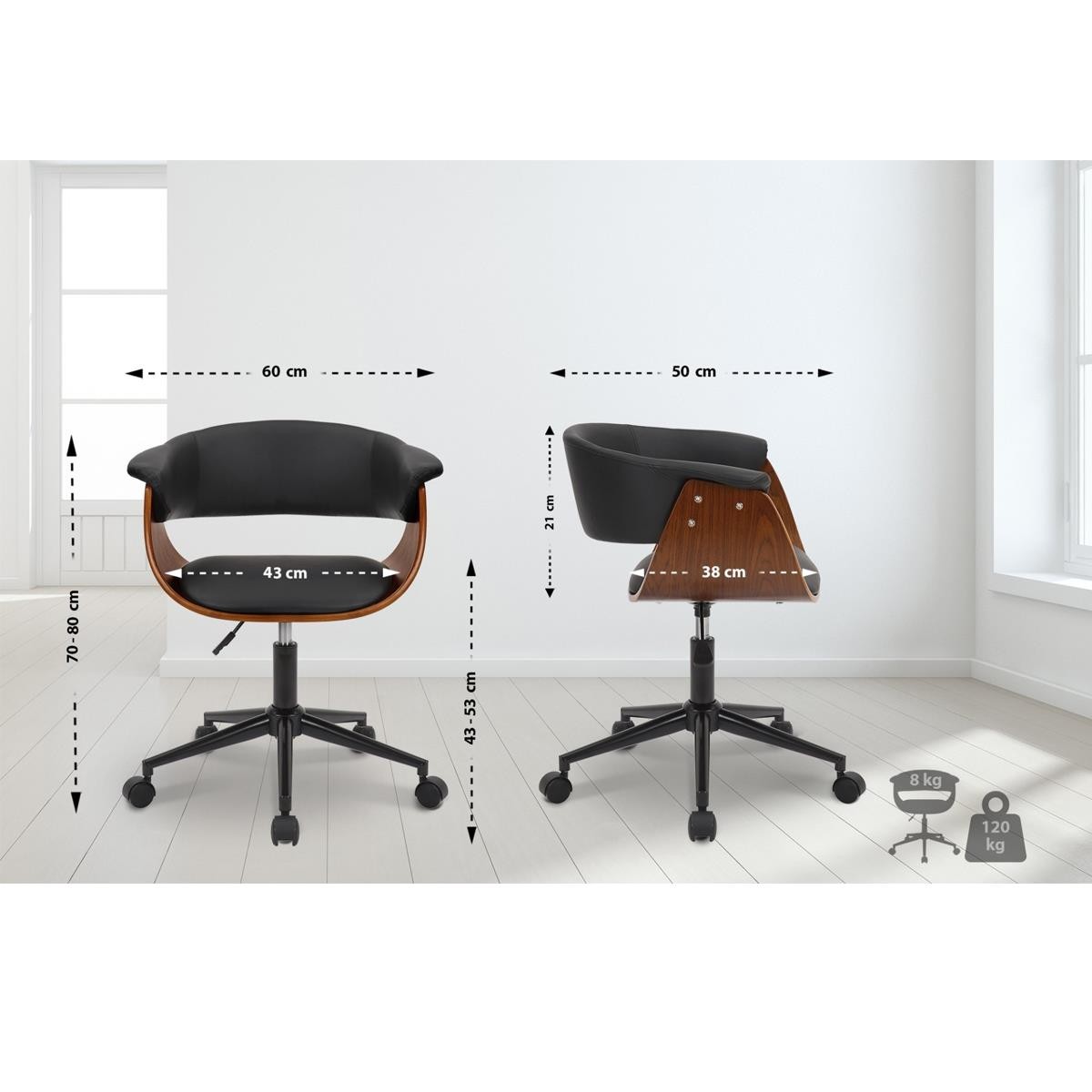 Silla de Oficina ARCHER, Estructura de Madera color Nogal y Tapizado de Piel color Negro