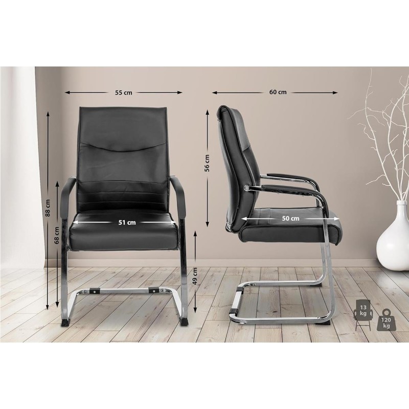 Silla de confidente BENTON, estructura metálica, en piel color negro
