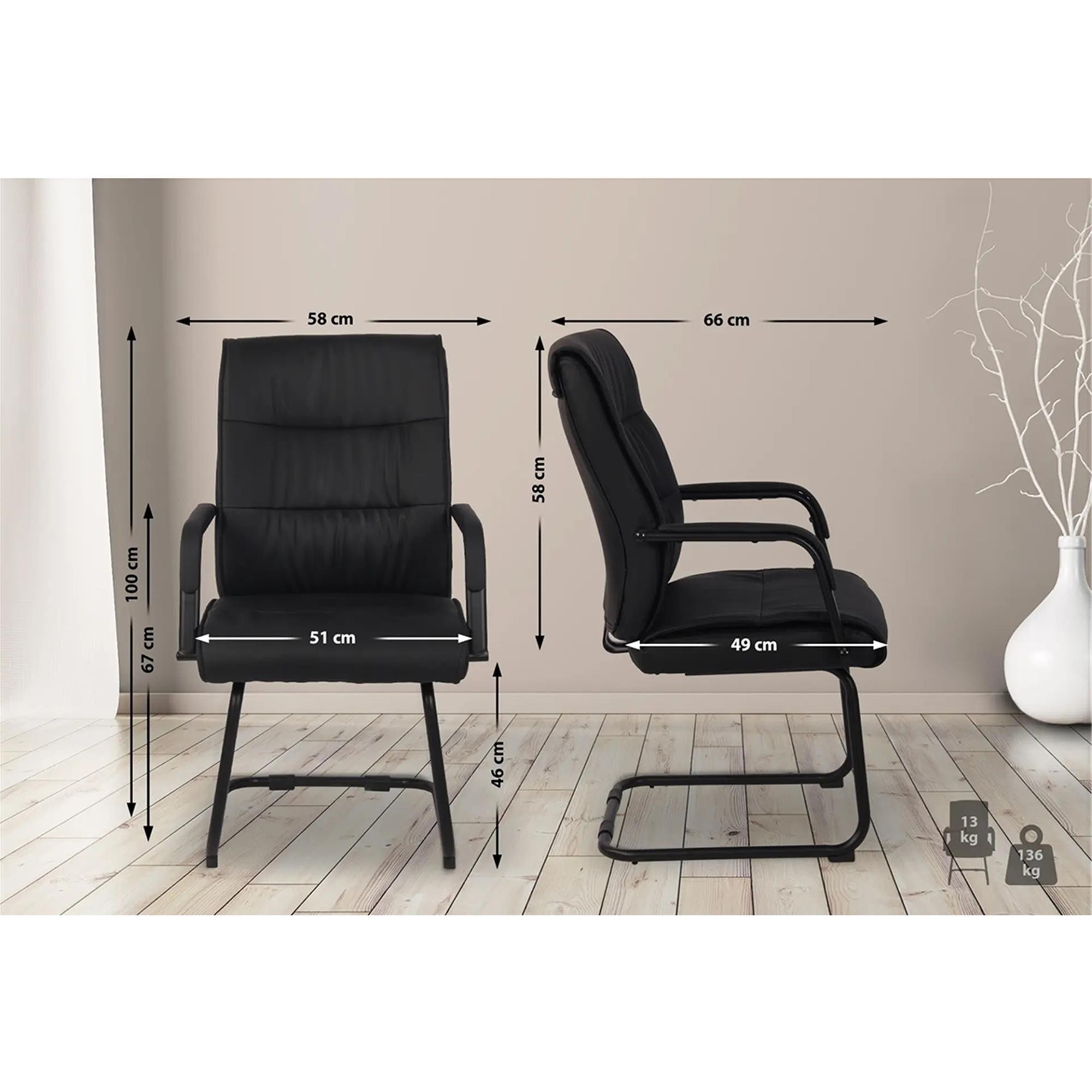 Silla de Confidente HIBERT, Estructura Metálica Negra, Gran Acolchado en Piel color Negro