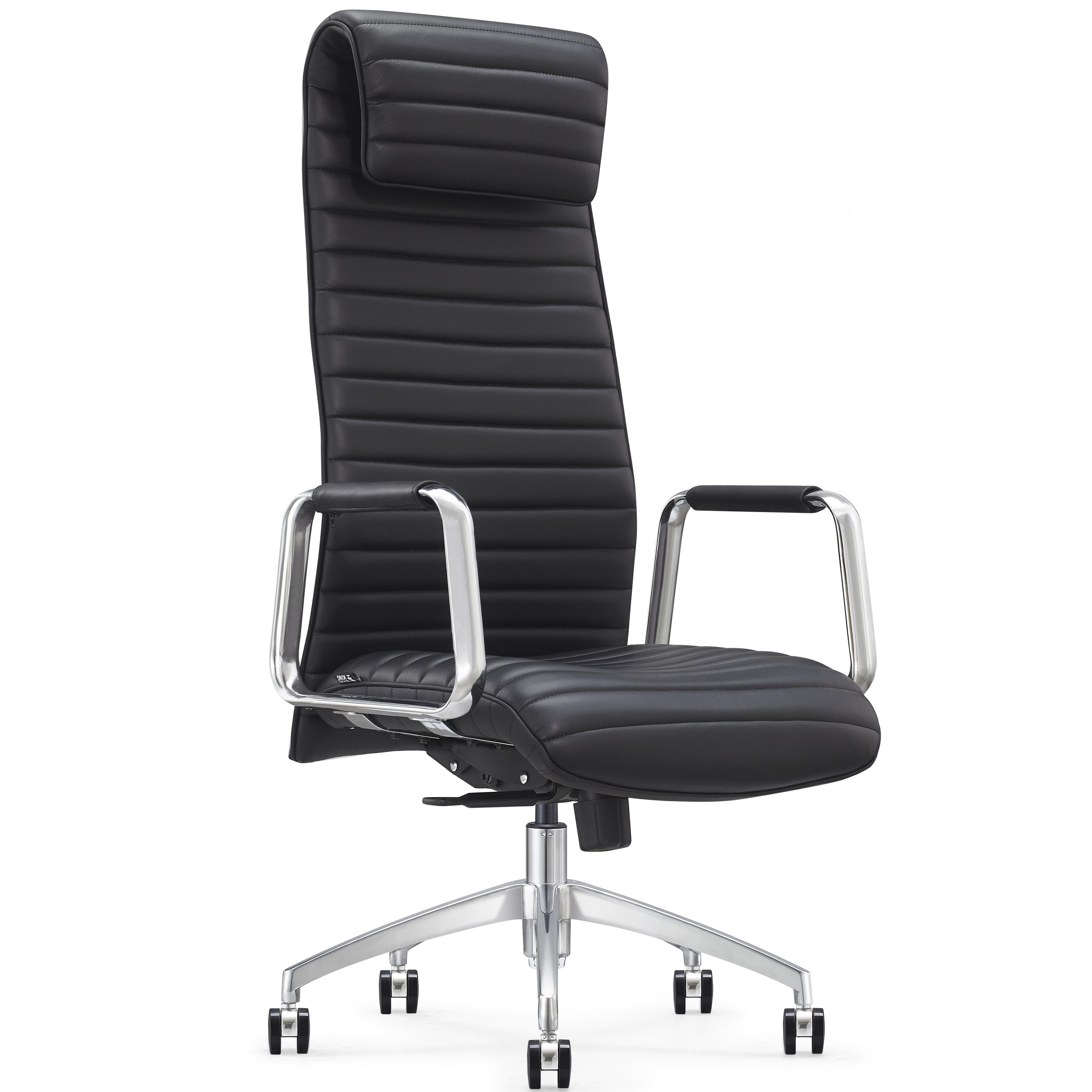 Sillón de Oficina ASPERA, Alto Respaldo con Reposacabezas, Elegante Diseño, Piel Auténtica, Negro