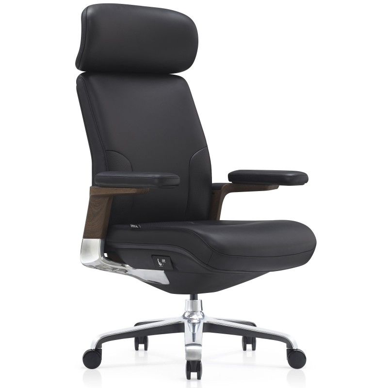 Sillón de Oficina SOPRANO, Inserciones Madera, Piel Natural, Negro