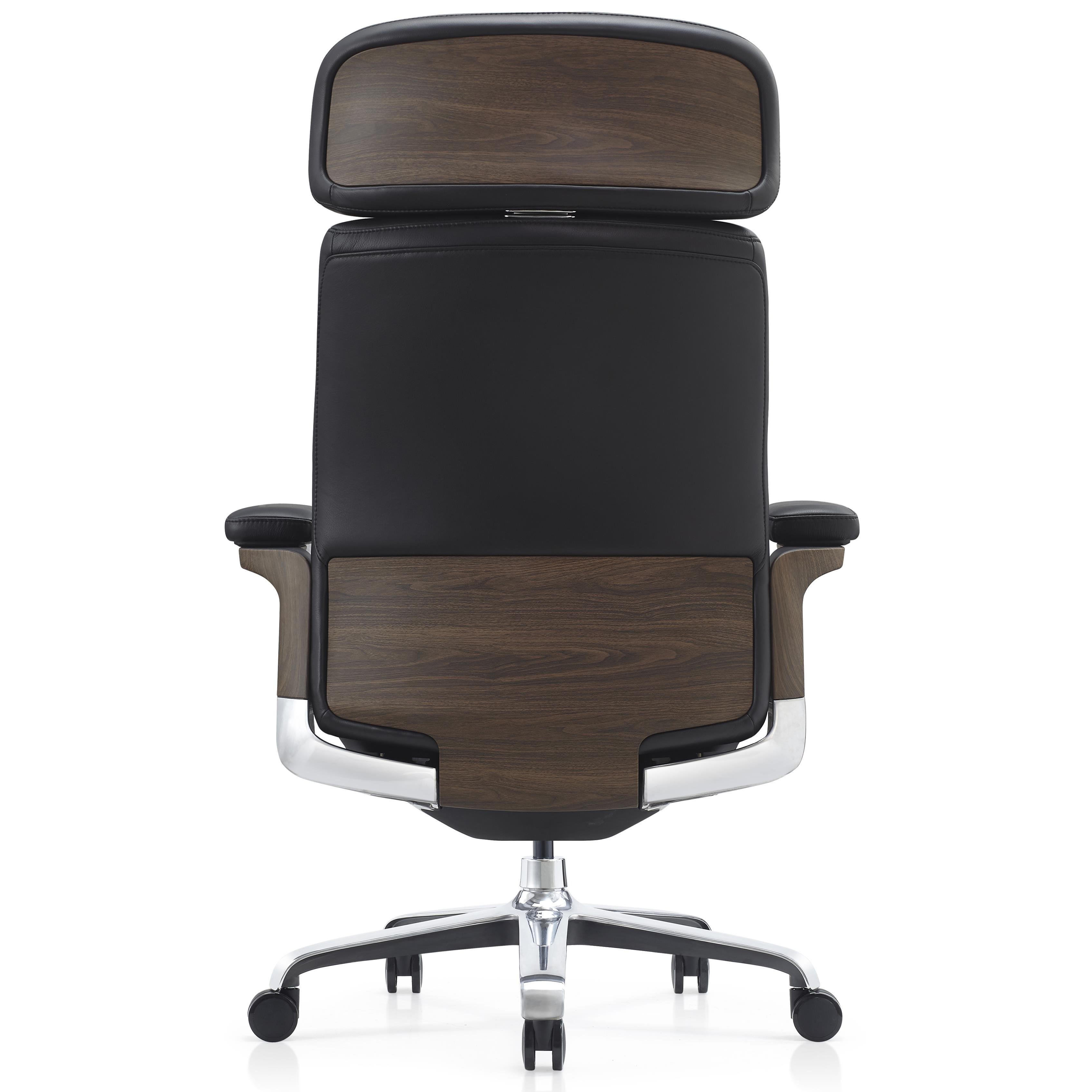 Sillón de Oficina SOPRANO, Inserciones Madera, Lujo y Exclusividad, 100% Cuero Auténtico, Negro