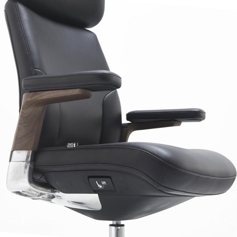 Sillón de Oficina SOPRANO, Inserciones Madera, Piel Natural, Negro