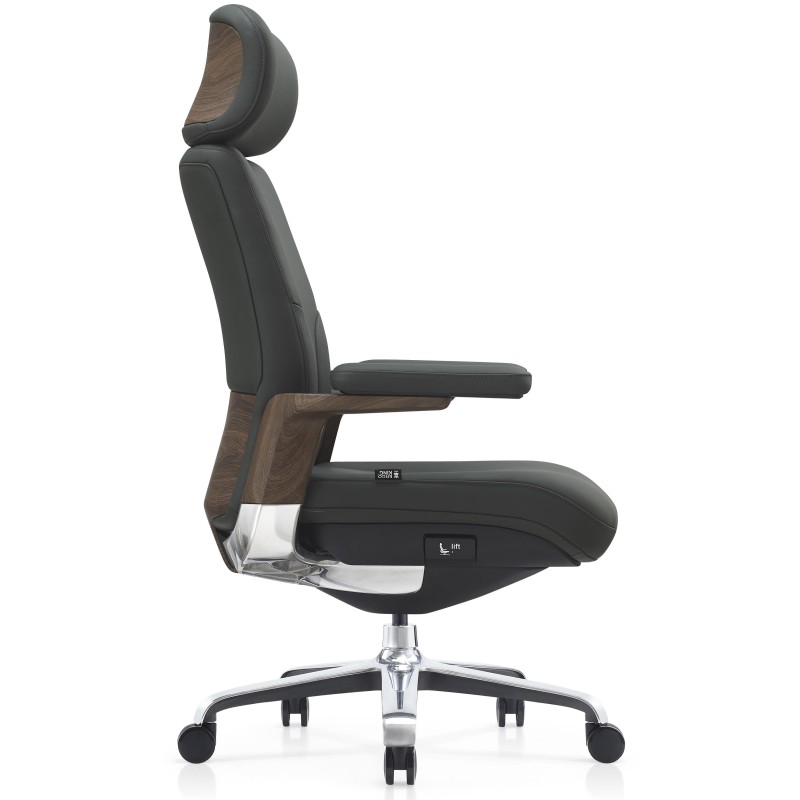 Sillón de Oficina SOPRANO, Inserciones Madera, Piel Natural, Negro