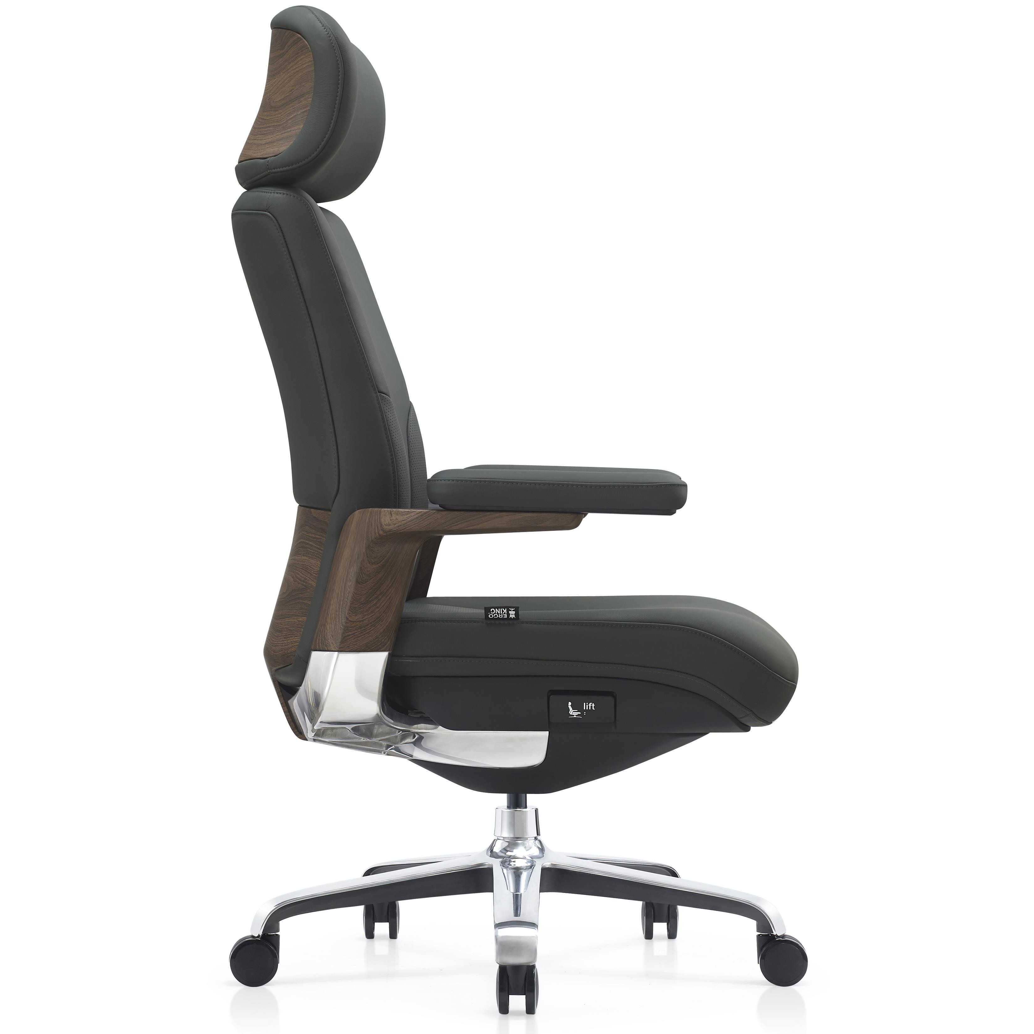 Sillón de Oficina SOPRANO, Inserciones Madera, Lujo y Exclusividad, 100% Cuero Auténtico, Negro