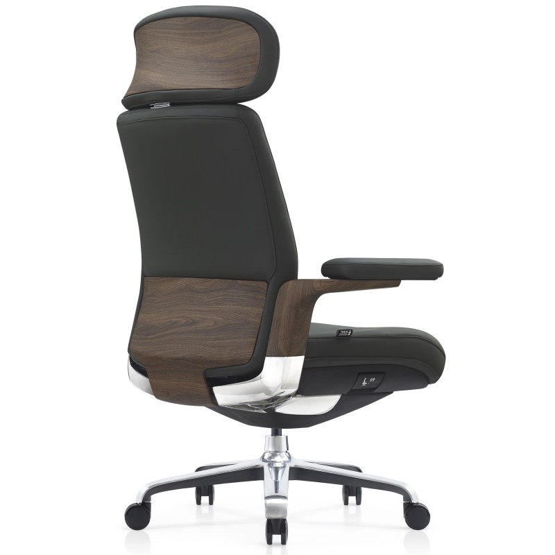 Sillón de Oficina SOPRANO, Inserciones Madera, Piel Natural, Negro
