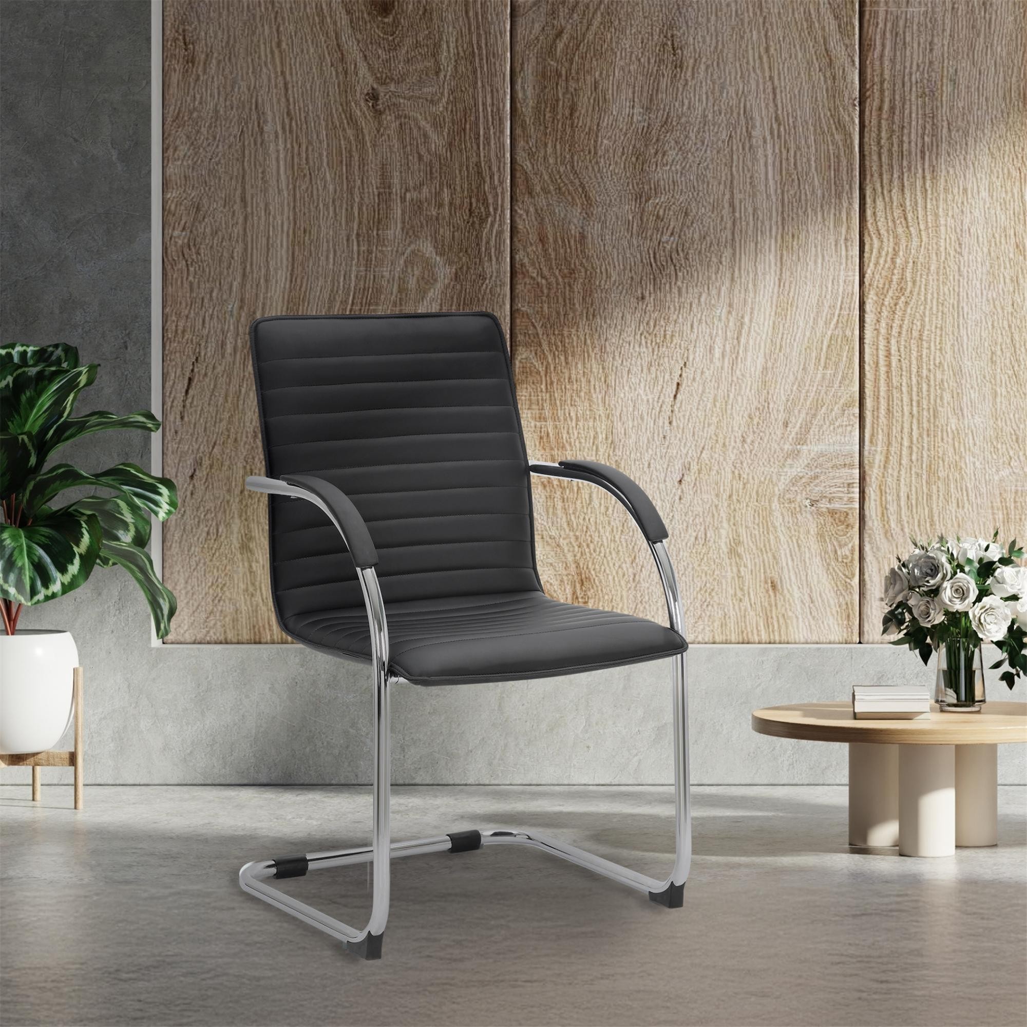 Silla de Confidente GREGORY, Estructura Metálica Cromada, en Piel color Negro