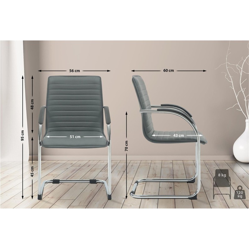 Silla de Confidente GREGORY, Estructura Metálica Cromada, en Piel color Negro