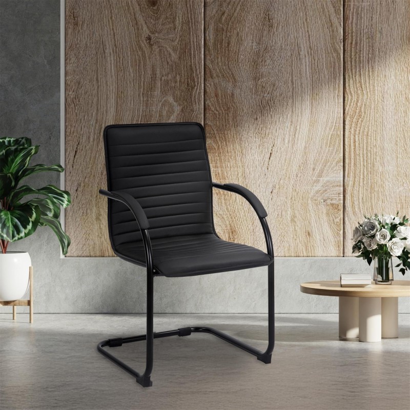 Silla de Confidente GREGORY, Estructura Metálica Cromada, en Piel color Negro