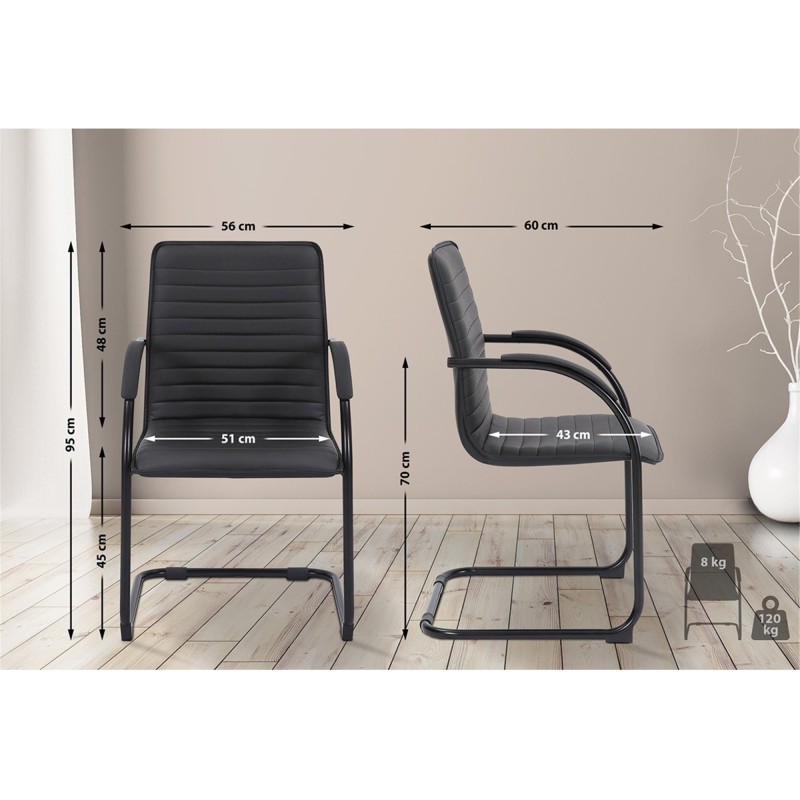 Silla de Confidente GREGORY, Estructura Metálica Cromada, en Piel color Negro