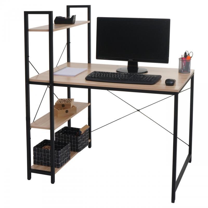 Mesa de Oficina NORMAN 100x60x72 cm, Estantería Incluida, en Madera y Metal, color Natural
