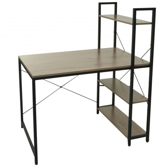 Mesa de Oficina NORMAN 100x60x72 cm, Estantería Incluida, en Madera y Metal, color Natural