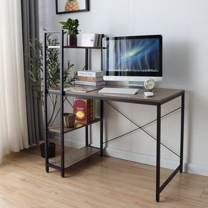 Mesa de Oficina NORMAN 100x60x72 cm, Estantería Incluida, en Madera y Metal, color Natural