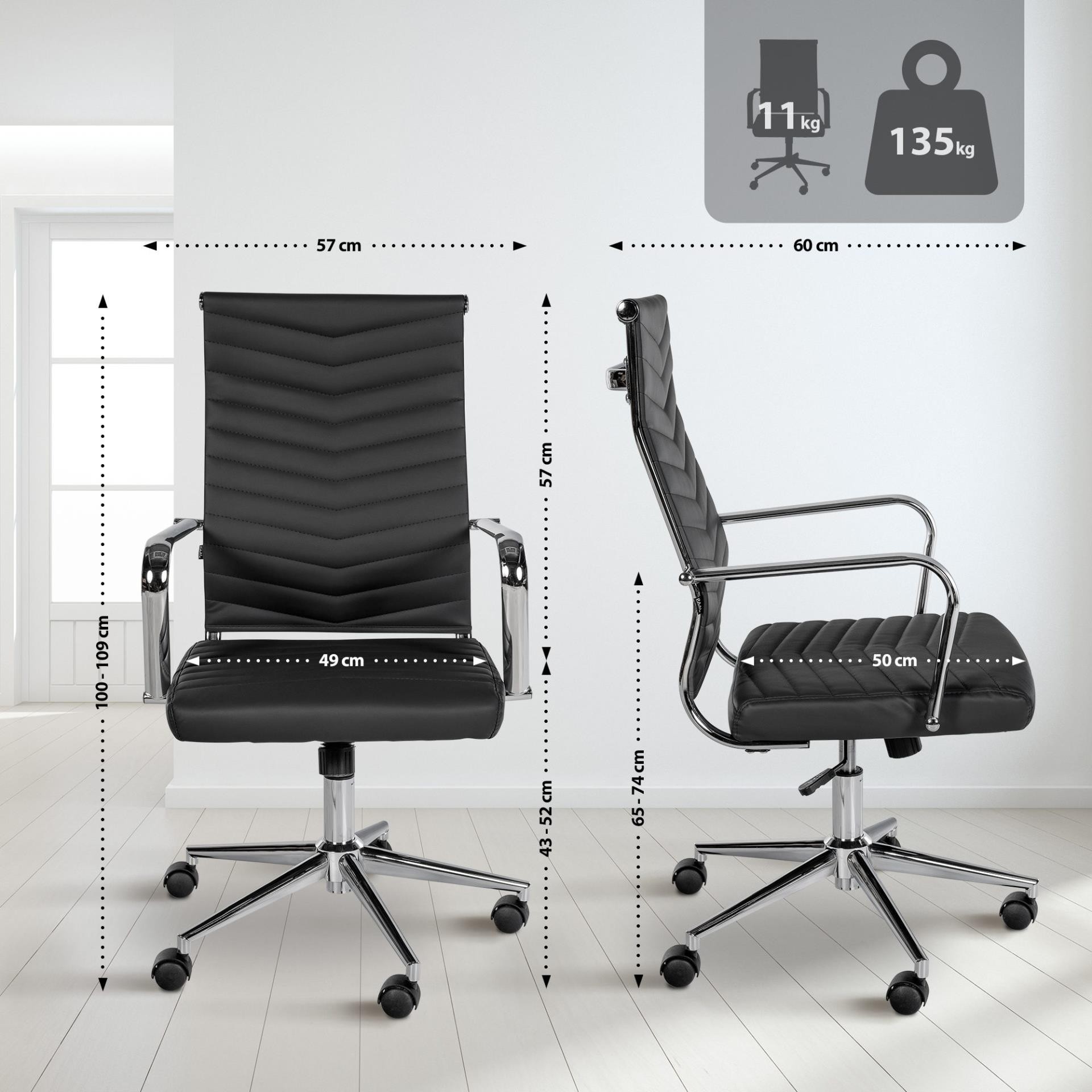 Silla de Oficina KOBE, Diseño con Elegantes Costuras, Base Metálica, en Piel color Negro