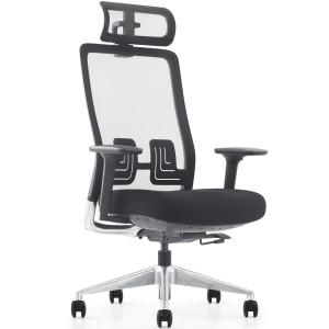 Silla ergonómica EVORA, reposacabezas, detalles en aluminio, en malla color negro