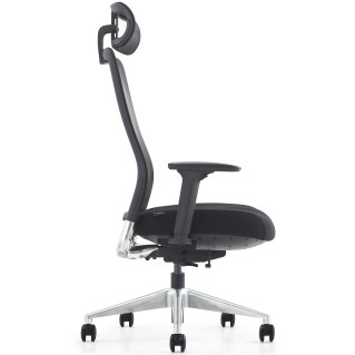 Silla ergonómica EVORA, reposacabezas, detalles en aluminio, en malla color negro 2