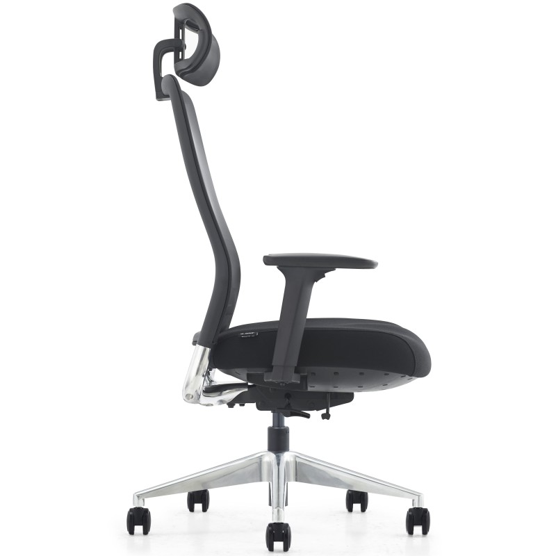 Silla ergonómica EVORA, reposacabezas, detalles en aluminio, en malla color negro