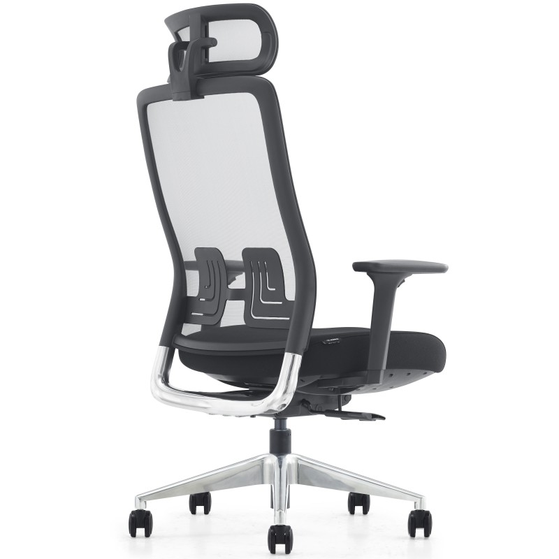 Silla ergonómica EVORA, reposacabezas, detalles en aluminio, en malla color negro