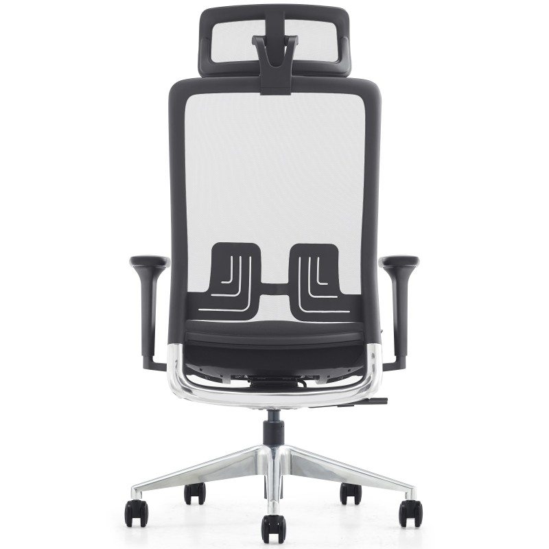 Silla ergonómica EVORA, reposacabezas, detalles en aluminio, en malla color negro