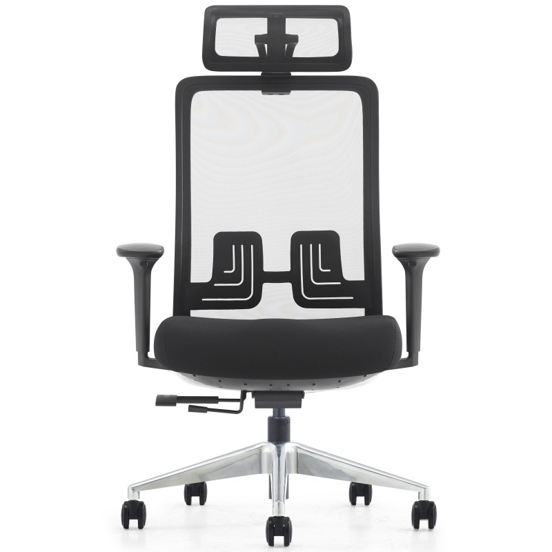 Silla ergonómica EVORA, reposacabezas, detalles en aluminio, en malla color negro