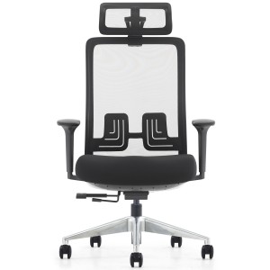 Silla ergonómica EVORA, reposacabezas, detalles en aluminio, en malla color negro
