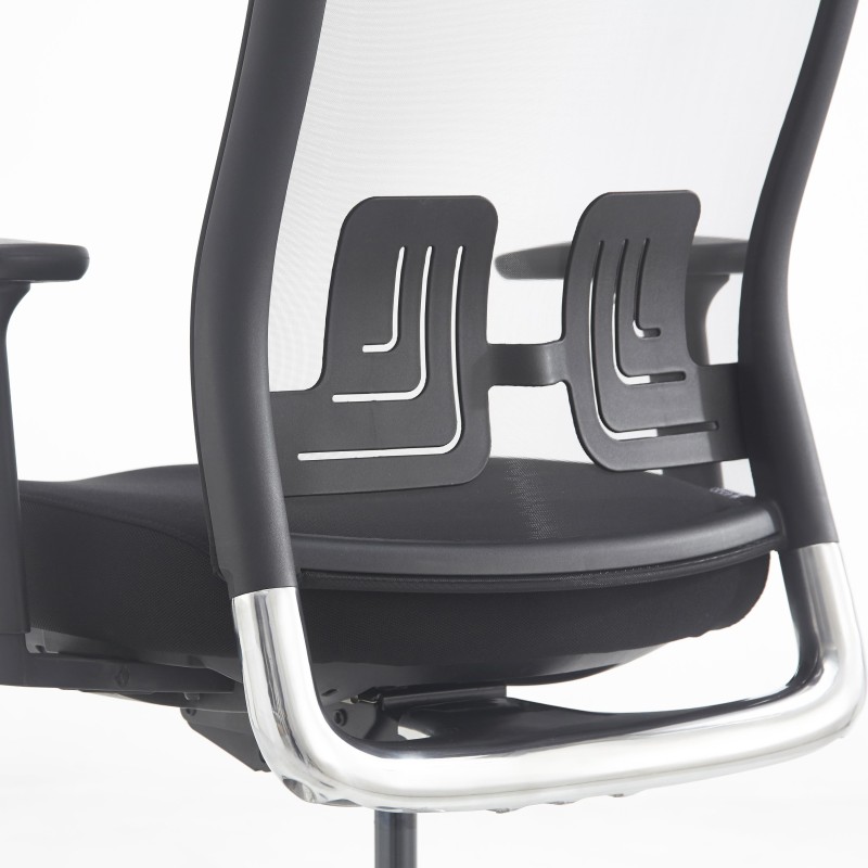 Silla ergonómica EVORA, reposacabezas, detalles en aluminio, en malla color negro